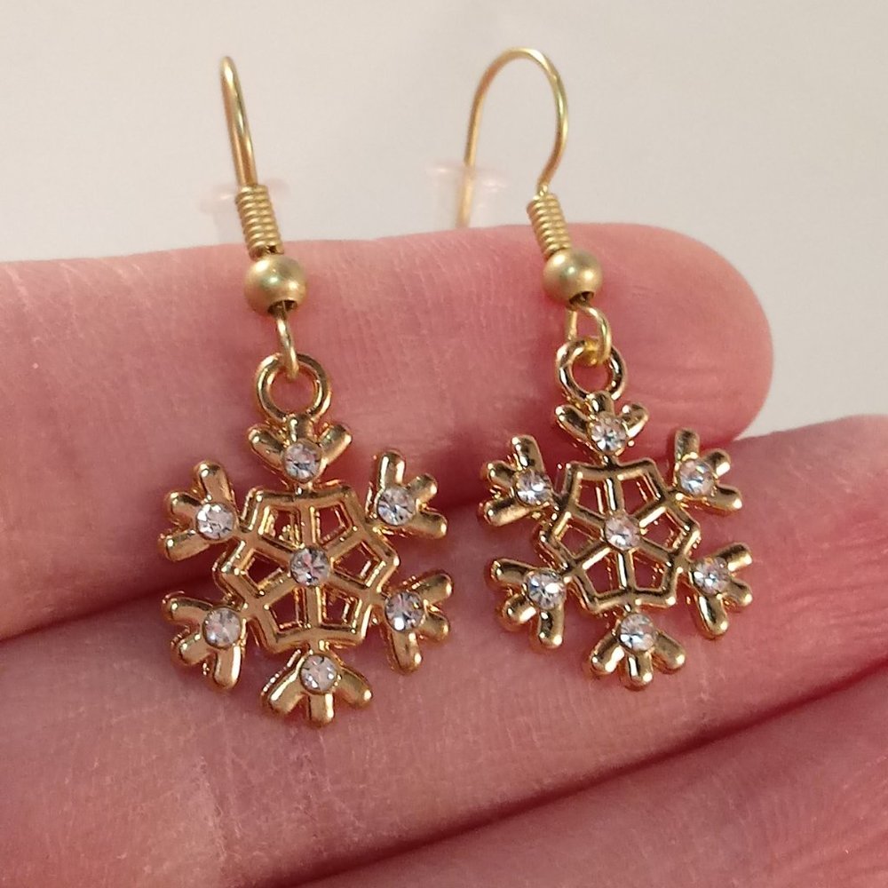 Gold Snowflake Crystal Dangle Earrings New Christmas Holiday Festive Party Gift